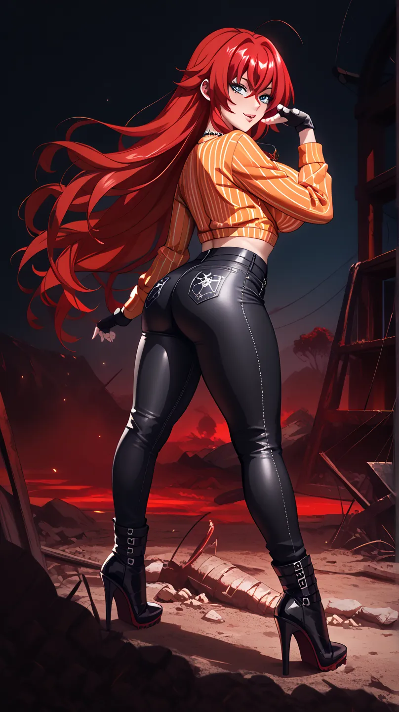   Sexy rias gremory, UHD, wearing orange long sleeve shirt with short abdomen,  black leather pants , high heel shoes,  fingerless gloves , necklace,  red hair,  long hair,  big breasts, voluptuous, In a reddish wasteland, pose sexy,  of foot, pose sexy, H...