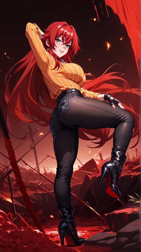   Sexy rias gremory, UHD, wearing orange long sleeve shirt with short abdomen,  black leather pants , high heel shoes,  fingerless gloves , necklace,  red hair,  long hair,  big breasts, voluptuous, In a reddish wasteland, pose sexy,  of foot, pose sexy, H...