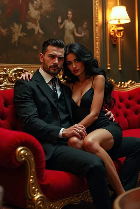 A handsome young mafia boss headed out to Russia, sitting on a red sofa on his lap, had a long-haired woman wearing a black tight-fitting dress sitting on her lap.