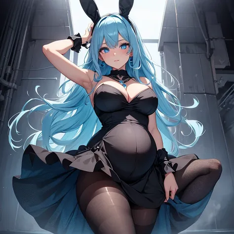 Pregnant bunny woman, tight black party dress, pantyhose, curly light blue hair, bunny ears, necklace, earrings (beautiful detailed blue eyes)