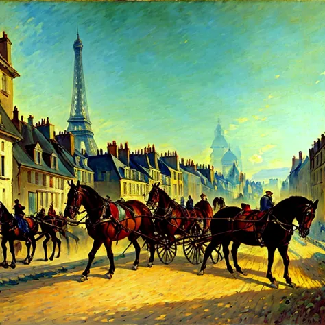 cinematic 1770, 18th century, Paris streets, crowd of people, carriage with horses, fragonard period, late evening, circa 1770, vibring color, style of Andreas Achenbach, monet,  oil painting, style of Andreas Achenbach