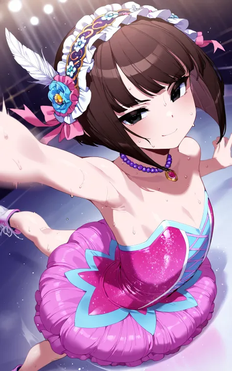 (sfw:1.5), make up gyaru, solo loli_girl ,feather pink costume, figure_skating, skill, brown hair, black eyes, inverted bob, slender, flat chest, serious, seductive smile, sweat, motion blur, perspective, from side