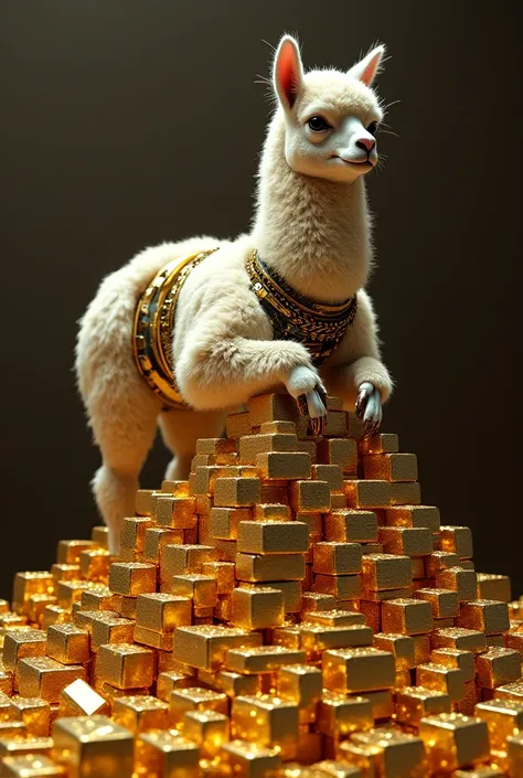 An Alpaca Cyborg sitting on a pile of gold bars