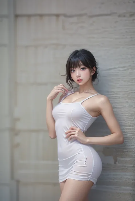  Masterpiece 、  high quality, Small breast size, black hair、 ,  blue eyes、 Leaning against the Wall、 mini dress 、Wear short leggings, white wall background,