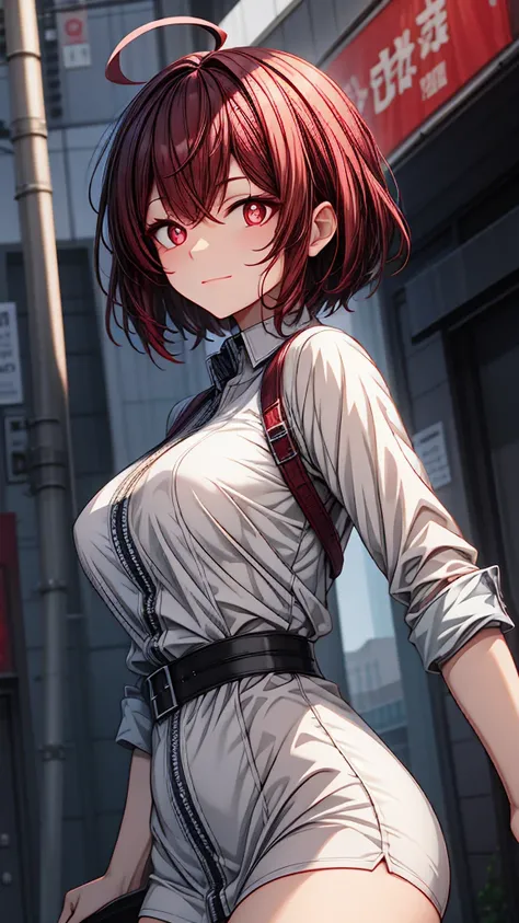 [[[ ultra-detailed, best quality, soft skin, beautiful face, masterpiece, close-up, modern setting, anime]]], short hair, [[black hair with red inner hair]], ahoge, red eyes, white pupils, casual outfit, smug, slender body, medium breasts, dynamic angle. [...