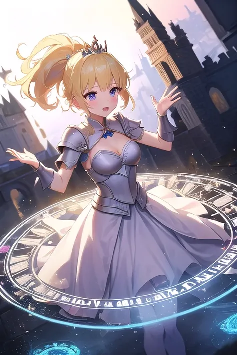 ((best quality)), ((masterpiece)), (detailed),1 girl。 blonde ponytail。 princess tiara 。Prairie with Castle View 。 white dress。Light Armor。(moving composition)。 raise both hands。 a magic circle floats 。。Fire Magic。