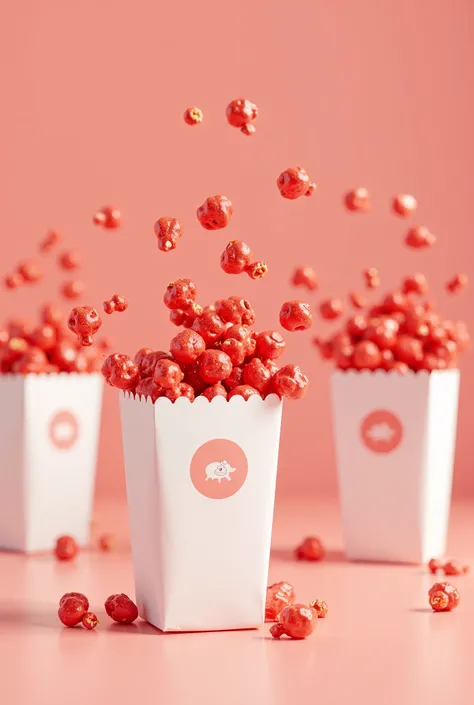 one or more white packages with a lamb logo and red popcorn jumping out of that package, and the background would be in a light red pastel shade