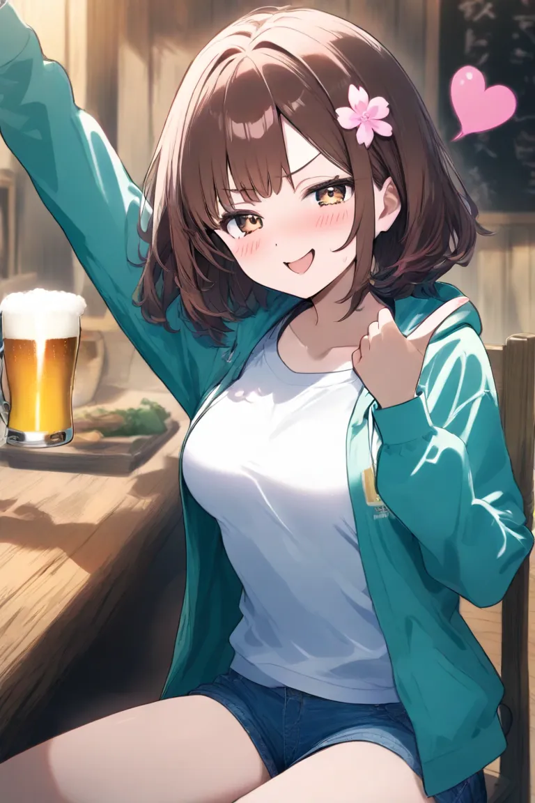 Izakaya　 chair with one hand　 drinking beer　 drunk 　 long brown hair　 pink flower hair ornament 　 medium breasts　 pink heart 　 wink　 ashamed