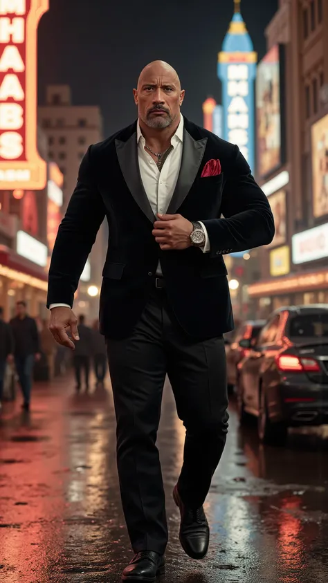 Dwayne Johnson reimagined as a as a mafia boss walking､dramatic atmosphere, 1 male､ 

exudes sheer power and authority, with his towering frame and chiseled jawline. His intense, focused gaze is framed by a perfectly shaved head and a neatly groomed goatee...