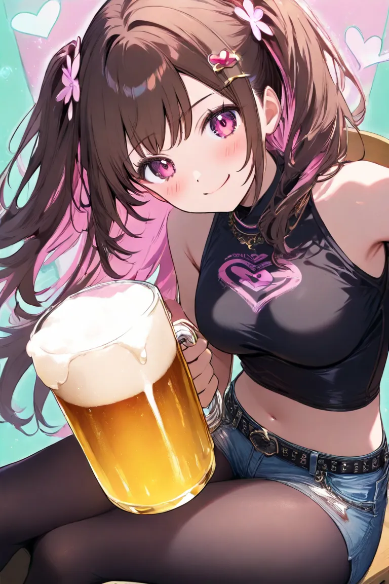 Izakaya　 chair with one hand　 drinking beer　 drunk 　 long brown hair　 pink flower hair ornament 　 medium breasts　 pink heart 　 wink　 ashamed　 denim hot pants　 black tights