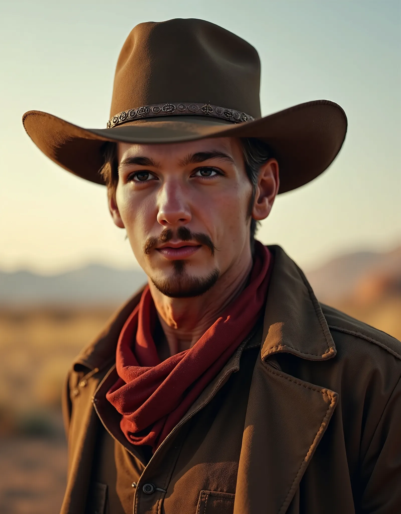 A cowboy in the wild west,  ultra realistic  ,  realistic , Full HD , 8k , Excessively detailed skin , overly detailed facial contours , amazingly realistic wild west environment , Clint Eestwood style , Good Bad Ugly Style , Cinematic photo  , portrait , ...