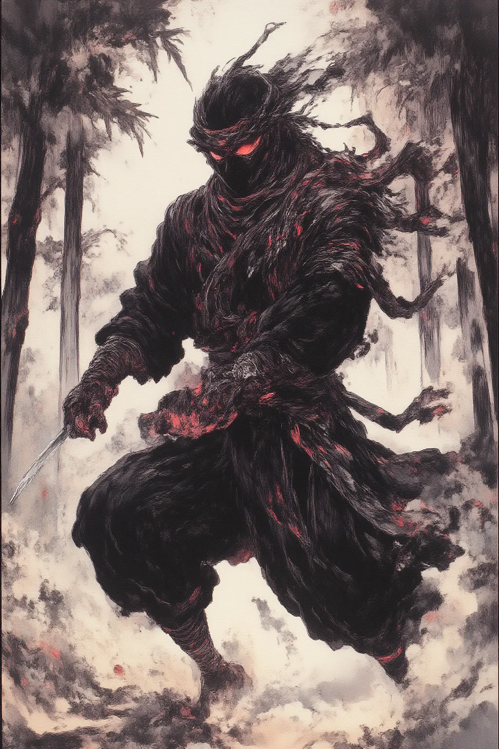  There are ninja Sumi paintings in the bamboo grove , scarf（忍びscarf) Completely Hide Your Head 、 Prevent identity or occupation from being specified,  Black Ninja Costume ,  Wear Hand Armor and Leg Bonds ,  in a moving pose（ jump up and down),knife, ink ma...