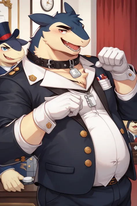 Scribble Typhlosion face,Humanity(Typhlosion),Chubby,(Black eyebrows:1.1),(Perfect eyes),fur，（artist:Takemoto Arashi），Gentleman, top-hat, Tailor background，（Leather Collar:1.3），leather collar has a round dog-tag, round dog-tag, (White Gloves:1.3), (Cufflin...