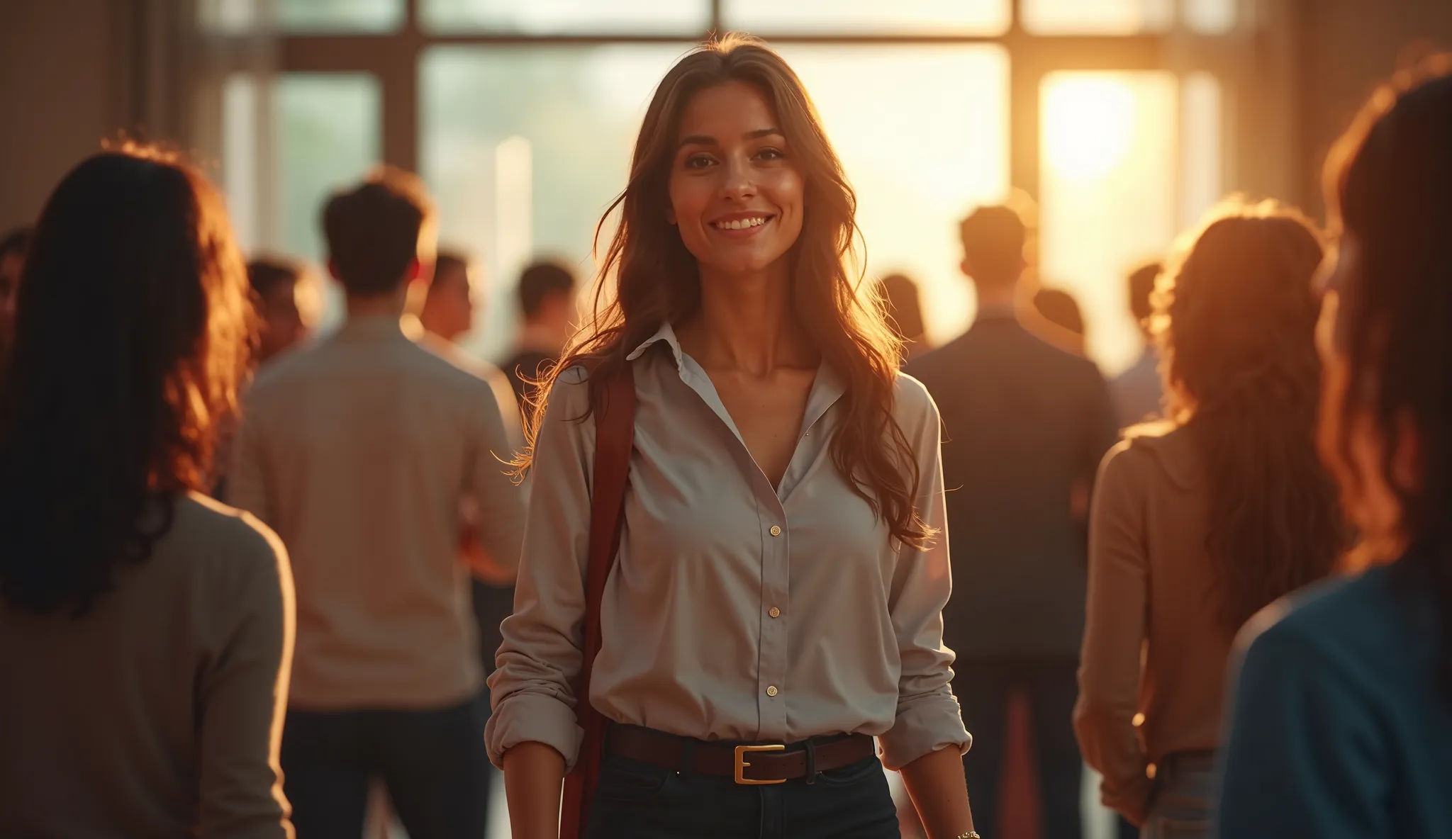  Realistic style image of a confident woman entering a room full of people.  She is highlighted by soft lighting that makes her shine ,  while the surrounding people look at her with admiration and interest .  The color palette should be welcoming ,  with ...