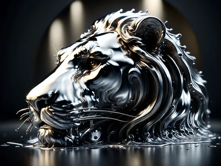 [Lion standing regally : A group of people : 20] Rising from a pool of liquid metal, Very shiny, Smooth surface texture, polished surface, reflective, Front 45 degree angle, Inlay ral-chrome, PhotoPractical, HyperPractical, Ultra Detailed, Analog style, De...