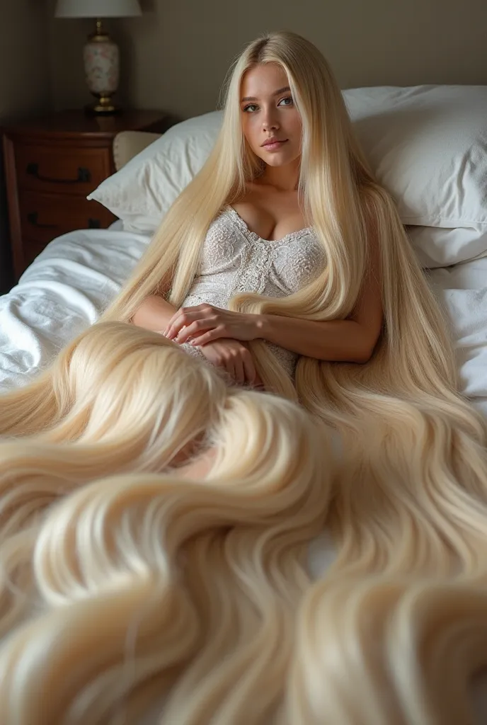 A beautiful woman lies on a large bed. She has the longest hair in the world. She has huge masses of beautiful long very blonde hair.  Her long thick beautiful hair cascades around her body. Her hair is so long that it completely covers the floor in all di...