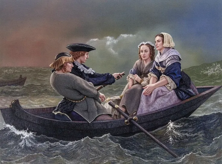 a full illustration, oil painting, renaissance style, rich colors, of 4 people on a boat, two ladies and two men. Stormy dramatic rainy cloudy sky, rough waters, Dnd artstyle, oil painting, rich colors