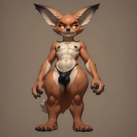 1femboy, solo,nsfw,naked,dwarf:1.2,medium bulge,big bushy eyebrows,girly face, furry, vulpera,simple body, 4 fingers, pointy ears, animal ears, claws, glowing eyes, gold eyes, brown fur, snout,fmb,slightly toned body,petite upper body,medium thighs,3d mode...