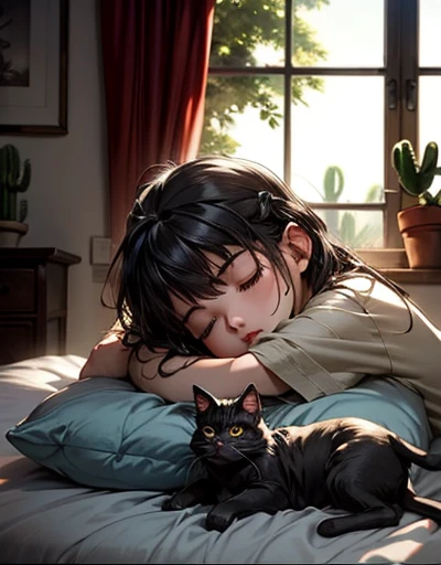 sleeping girl、A girl who sleeps well、Cute sleeping face、ベッドの上で sleeping girl、One black cat、A black cat that sleeps on a girl 、 a black cat that sleeps on a girl、 Morning Sun 、A beautiful room with a window 、Cactus、 succulents