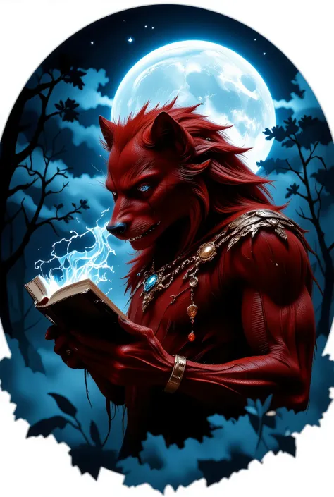 A profile of a red werewolf reading a book on a moonlit night, looking at us with beckoning blue moonlit eyes. logo