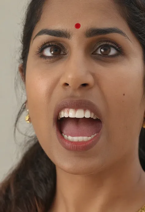 Ultra detailed photo of telugu woman, beautiful girl, highest quality realistic skin, eyes in focus, 45 years old, focus on mouth, open mouth, saliva, open mouth wide, inside of mouth visible, ponytail hair, mouth open wide, uvula visible, mouth open wide ...