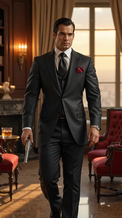 Henry Cavill reimagined as a majestic mafia boss walking、dramatic atmosphere, 1 male、
exudes classic power and refined elegance. His piercing steel-blue eyes radiate authority and calculation, while his chiseled jawline and perfectly groomed stubble add ...