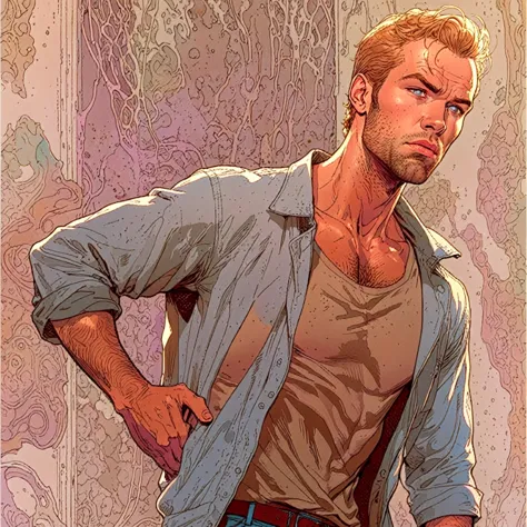 ((Neutral background)), comic book drawing, Moebius style, Jean Giraud style, looks like a young Kellan Lutz and Jason Statham, ((a very thin man)), very detailed, edge detection, sharpness, high contrast, highlights, reflections on edges, comic book drawi...