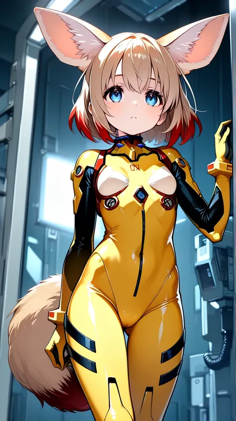 an HD Scene of a short small dwarf size young girl with short beige hair with red tips, light blue eyes, with fennec fox ears and tail, wearing a dark-yellow plugsuit, in an high tech facility, high detail, high quality, masterpiece, 8k