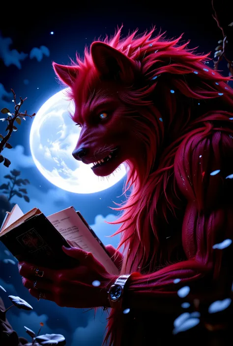 A profile of a red werewolf reading a book on a moonlit night, looking at us with beckoning blue moonlit eyes. logo