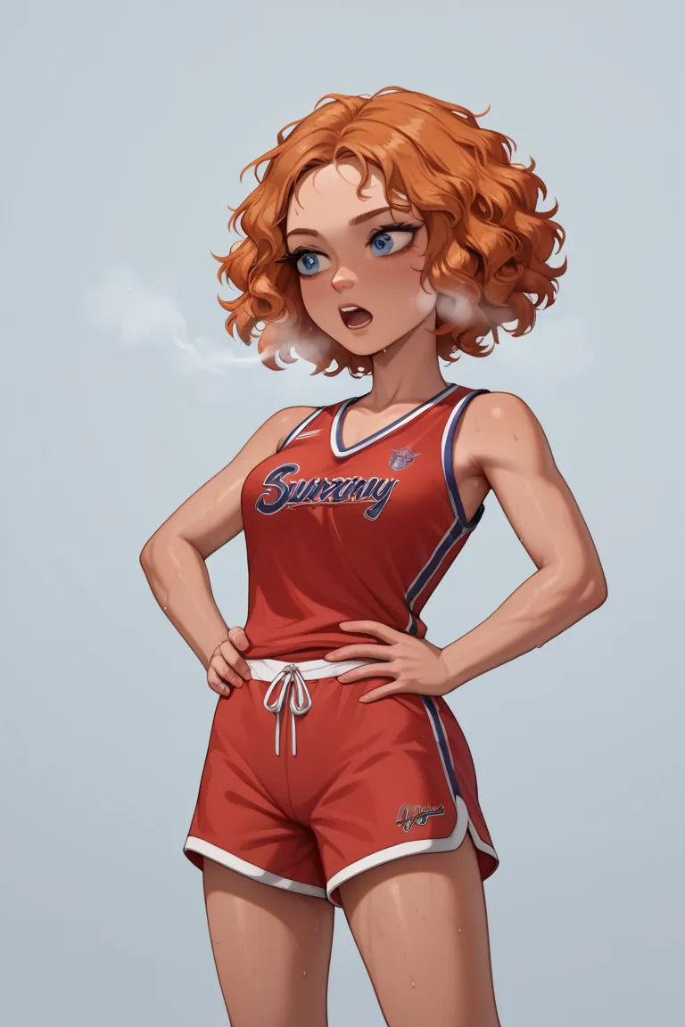 score_9,score_8_up,score_7_up BREAK melissaSDXL,1girl,blue eyes,short hair,orange hair,,curly hair,cowboy shot, gym background, basketball uniform, jersery, sportswear, jersey, shorts, sleeveless, hands on hips, red tanktop, jersey, red gym shorts, out of ...