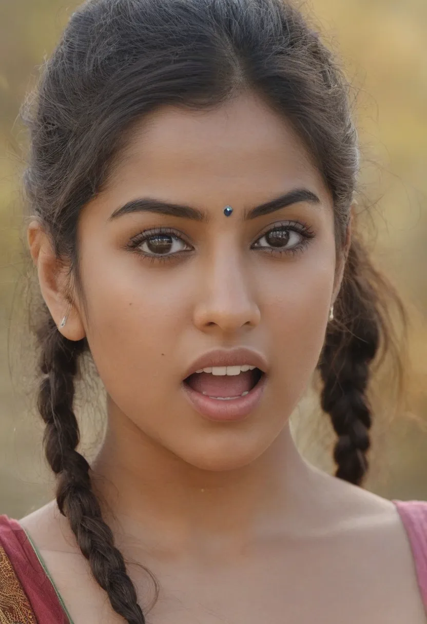 Ultra detailed photo of hindi woman, beautiful girl, highest quality realistic skin, eyes in focus, 25 years old, focus on mouth, open mouth, saliva, open mouth wide, inside of mouth visible, ponytail hair, mouth open wide, uvula visible, mouth open wide y...