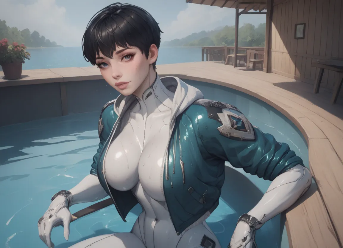 score_9,score_8_up,score_7_up BREAK valby from The First Descendant , short hair, black hair, white skin, female,  bodysuit, Bimbo Body , double deck draw style, swim, looking at The Viewer, colorfull, water background, wet Body, Commission for High Res, d...