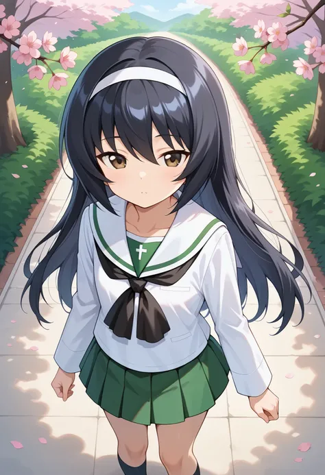  high resolution,  best quality,  Super Quality  、 shot from the front 、Reizei Mako,   one girl、solo,  standing,  outdoor,  cherry blossom , I slept half way  , Half-close your eyes,   long hair,   black hair,  white hair band,  brown eyes,   Oarai school ...