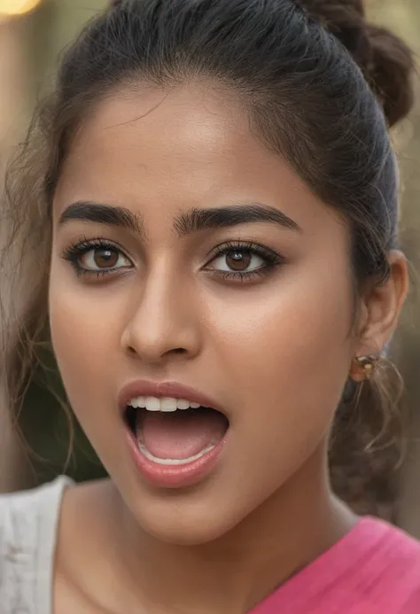 Ultra detailed photo of hindi woman, beautiful girl, highest quality realistic skin, eyes in focus, 25 years old, focus on mouth, open mouth, saliva, open mouth wide, inside of mouth visible, ponytail hair, mouth open wide, uvula visible, mouth open wide y...