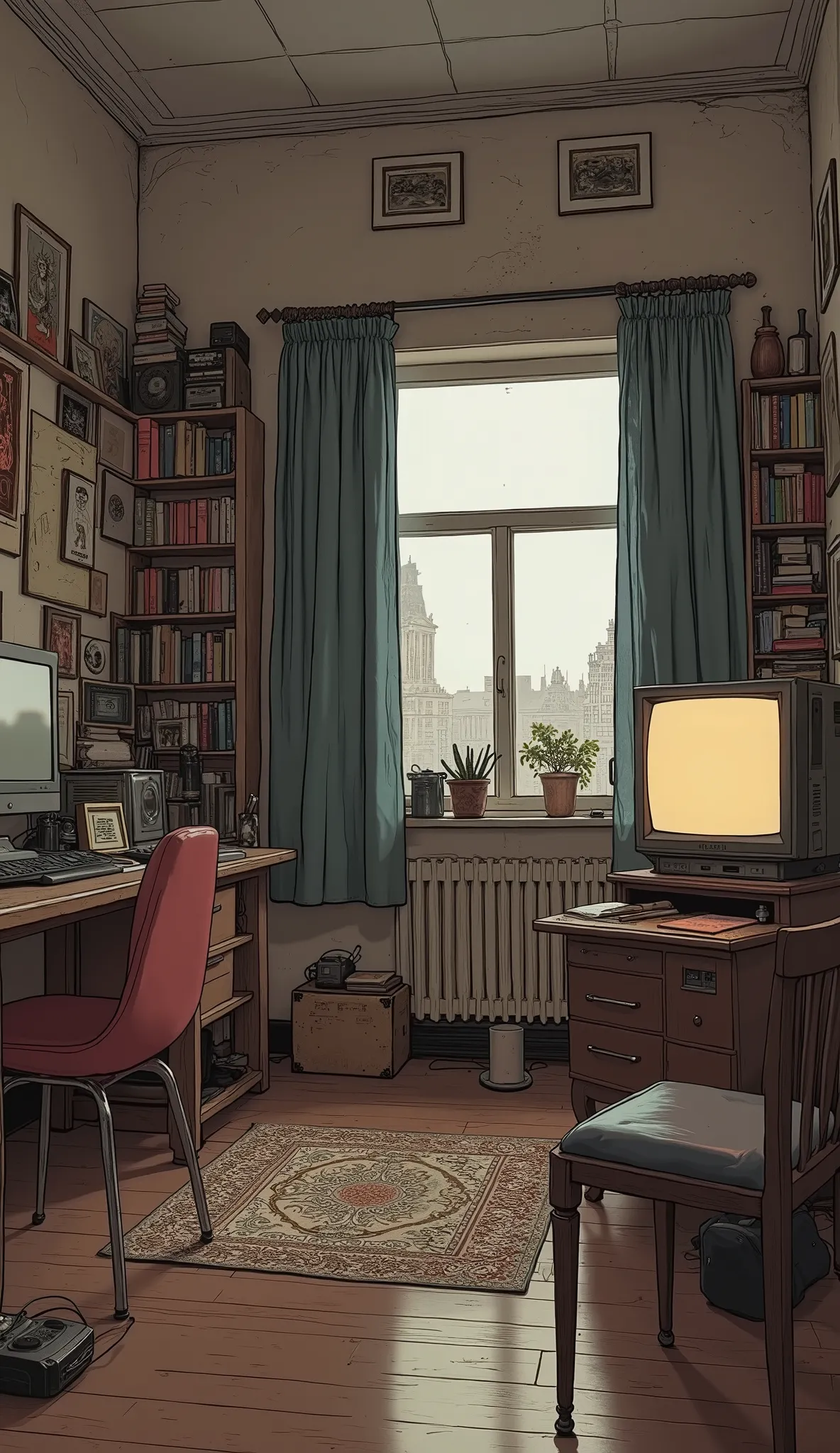  There are chairs and a TV in the room with lots of books,  vintage aesthetic,  analog aesthetics from the 1900s ,  art student apartment ,  realistic animated illustration of lo-fi hip-hop ,   retro vibe , Chill Hop, Soviet interior ,   retro aesthetic , ...