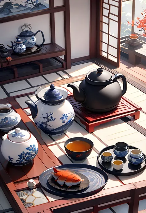 On the bowl is placed a Teapot,  Oriental influence from Kyogen , kettle, Big Black Kettle Over the Fireplace , Teapot, Teapot, Teapot, Beautiful porcelain tea set, Teapot: 1,  Inspired by Renjen Dauben, Inspired by Emperor Xuande , Ceramics, smooth glazed...