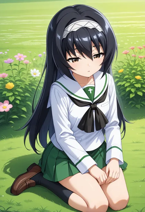  high resolution,  best quality,  Super Quality  ,  one girl、solo、 shot from the front 、Reizei Mako、 outdoor、garden、Blooming Grassland、 sleeping , Half-close your eyes,  long hair、  black hair,  white hair band,  brown eyes,  Oarai school uniform, white sa...