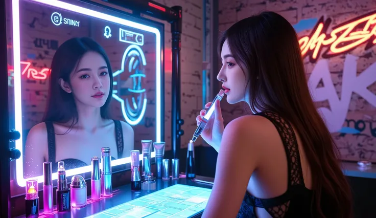 /imagine prompt: A futuristic Cyberpunk model with long dark brown hair sitting at a digital vanity table, surrounded by floating holographic makeup guides analyzing her facial features. The mirror projects augmented reality previews of various looks, adj...