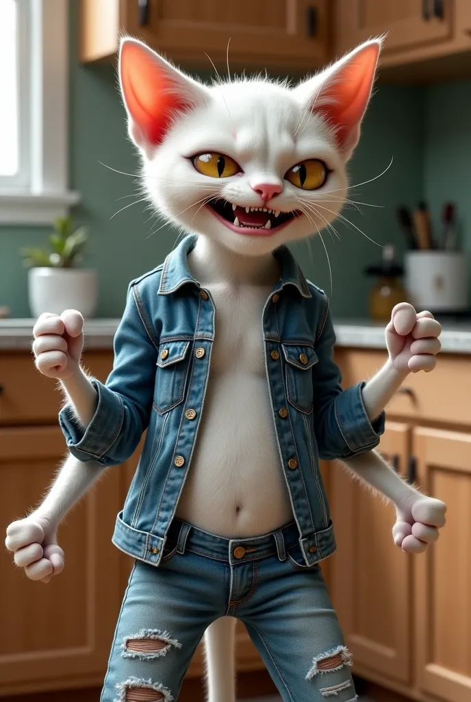 An adult anthropomorphic cat, thin, white in color. He has brown eyes. He is wearing ripped jeans. He is wearing a ripped denim jacket. He is in a simple kitchen. He has an angry expression and his arms are positioned as if he is about to break something. ...