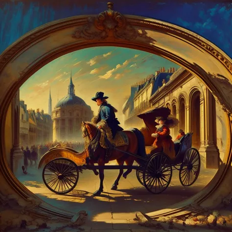 cinematic 1770, 18th century, Paris streets, crowd of people, carriage with horses, fragonard period, late evening, circa 1770, vibring color, style of Andreas Achenbach, monet,  oil painting, style of Andreas Achenbach