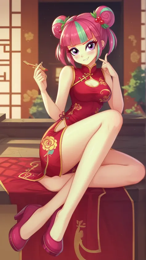 safe_pos, score_9, score_8_up, score_7_up BREAK sour sweet, human, equestria girls, 1 girl, g4, BREAK medium breasts, BREAK looking at you, cheongsam, inside of a chinese temple, full body view