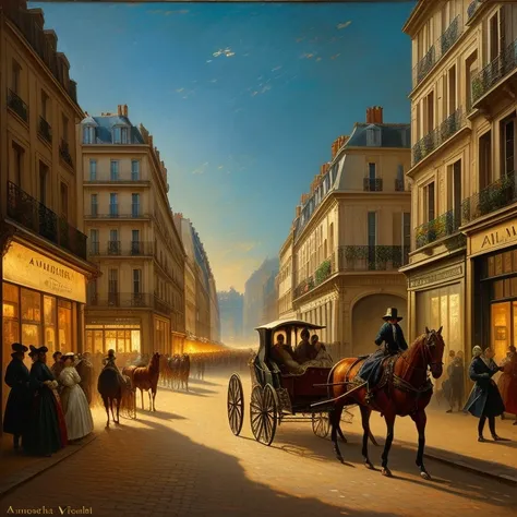 cinematic 1770, 18th century, Paris streets, crowd of people, carriage with horses, fragonard period, late evening, circa 1770, vibring color, style of Andreas Achenbach, monet,  oil painting, style of Andreas Achenbach