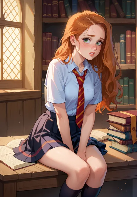 1girl, solo, Ginny Weasley, Harry Potter, ginger, straight hair, freckles, shy, hogwarts school uniform, parted lips, naturally sagging small breasts, blush, pulling up skirt, sitting on a desk, sexy pose, BREAK, magical study filled with bookshelves, (nig...