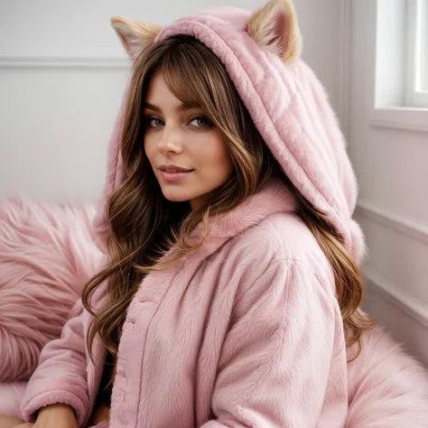 arafed woman in a pink fur coat sitting on a bed, pink fur, pink fox, coat for a rave with fur, pink fluffy fur, covered in soft fur, hooded fur coat, fluffy fluffy fur, wearing a luxury fur coat, fur attire, with soft pink colors, pink girl, fluffy fur, f...