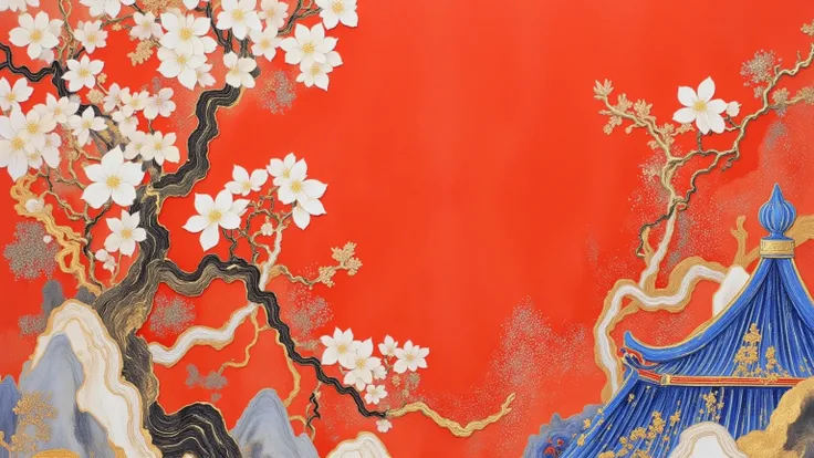 A close-up of the roof of an ancient Chinese building is drawn on the bottom right corner of the shabby paper，blue roof，Wind Chimes。Withered wisteria，White Flowers，Gold painted ，large red background.(((Negative Space:1.5)))。