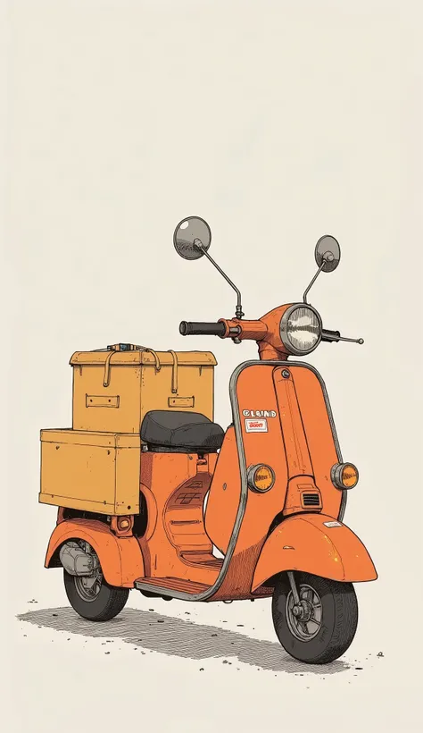 illustration of a small orange car with a box in the back,  vehicle illustration, Commercial Illustration , Moped,  Joe Stefanelli ,  detailed illustrations ,  full color illustration, Digital coloring, inspired by Mattias Adolfsson,   Digital Rendering  ,...