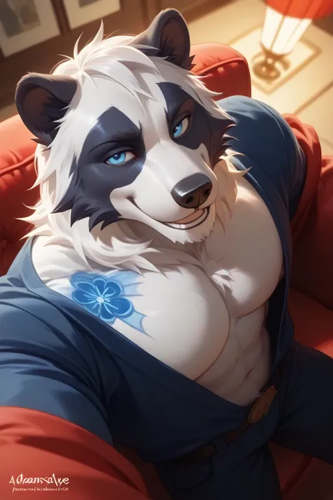 (Masterpiece, best quality, amazing quality, very aesthetic, handsome, NSFW, illustration). (Perfect eyes details, aesthetic lighting, natural and dynamic pose),  high-angle shot. Anthropomorphic badger. Athletic. Daddy vibes. Bloodstained face. 1960s atti...