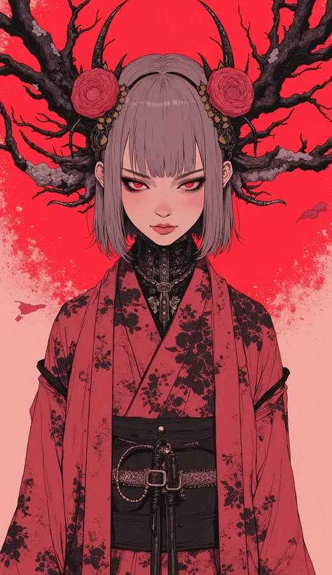  WOMAN IN A KIMONO WITH A RED BACKGROUND, cyberpunk art by Lost Draw,   cloudscape art that has become a hot topic in the charming gruesome  ,  Afrofuturism , Cyberpunk Geisha,  Ghost in the Shell 　Geisha robot, Lost Draw |  Afrofuturism ,  very pretty cyb...