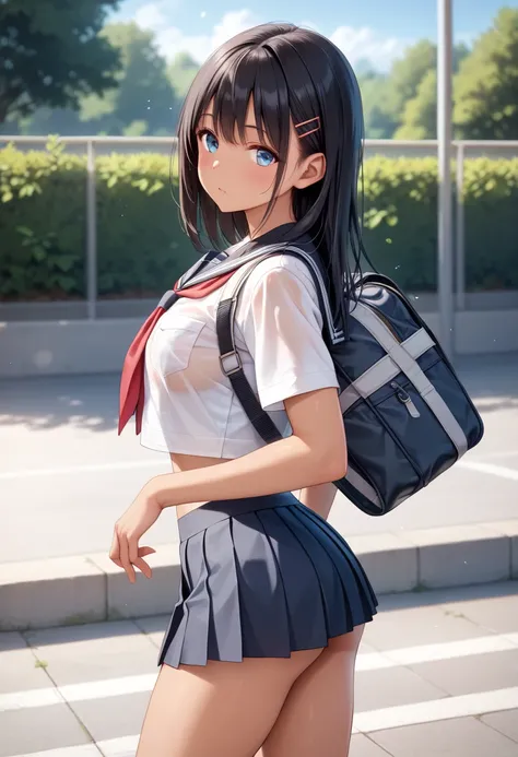 masterpiece, best quality, delicate illustration,ultra detailed skin,  Black Hair, 
(1girl:1.2), (tan:1.0), (see-through) (summer school uniform:1.1), (micro mini skirt:1.35), (it is see-through Navy skirt), (ass:0.4), (no panties:1.0), (love juice:1.2), (...