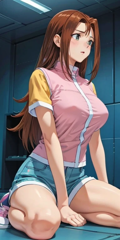  1 female, high definition, high resolution,  ultra-realistic  ,8K, serenidaddm ,  long hair,  brown hair,   pink shirt ,  blue shorts,  gray eyes,  big breasts, blue sneakers , big breasts,European,sexy, Close-up of the upper body,  photographed from the ...